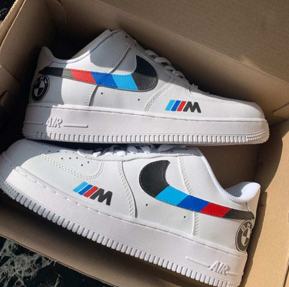 Custom white Air Force 1 sneakers with BMW M Power design