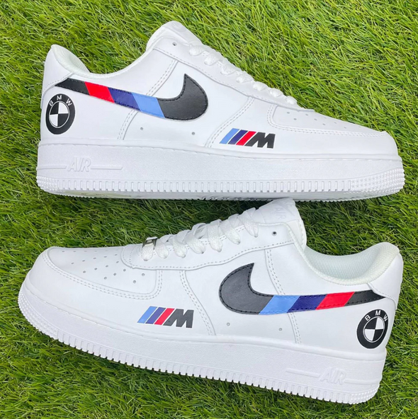 Custom white Air Force 1 sneakers with BMW M Power design