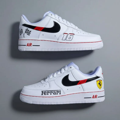 Custom Air Force 1 Sneakers – Ferrari Inspired Red & Black Racing Design | Personalized Shoes