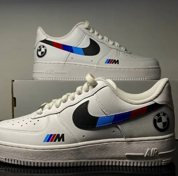 Custom white Air Force 1 sneakers with BMW M Power design