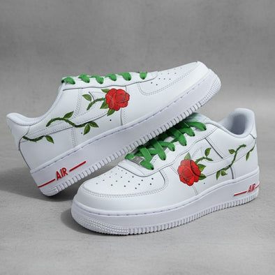 Custom Air Force 1 Sneakers – Hand-Painted Red Rose & Green Vine Design