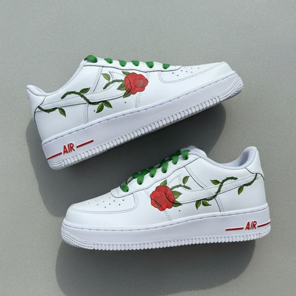 Custom Air Force 1 Sneakers – Hand-Painted Red Rose & Green Vine Design