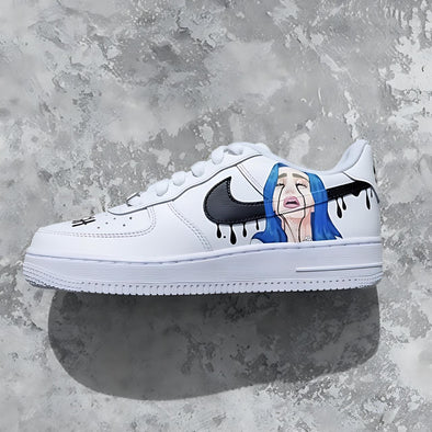Custom Hand-Painted Air Force 1 Sneakers – Blue Hair Portrait Art with Drip Design