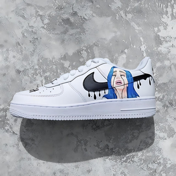 Custom Hand-Painted Air Force 1 Sneakers – Blue Hair Portrait Art with Drip Design