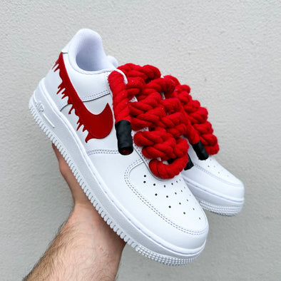 Custom AF1 White Drip Sneakers with Red Rope Laces – Limited Edition