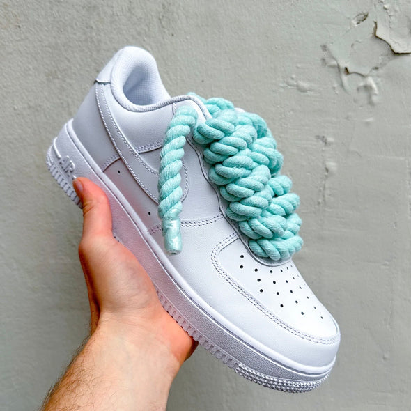 Custom AF1 White Sneakers with Mint Rope Laces – Handmade Streetwear