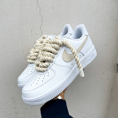 Custom AF1 White Sneakers with Beige Rope Laces – Minimal Drip Style