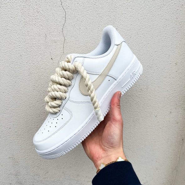 Custom AF1 White Sneakers with Beige Rope Laces – Minimal Drip Style
