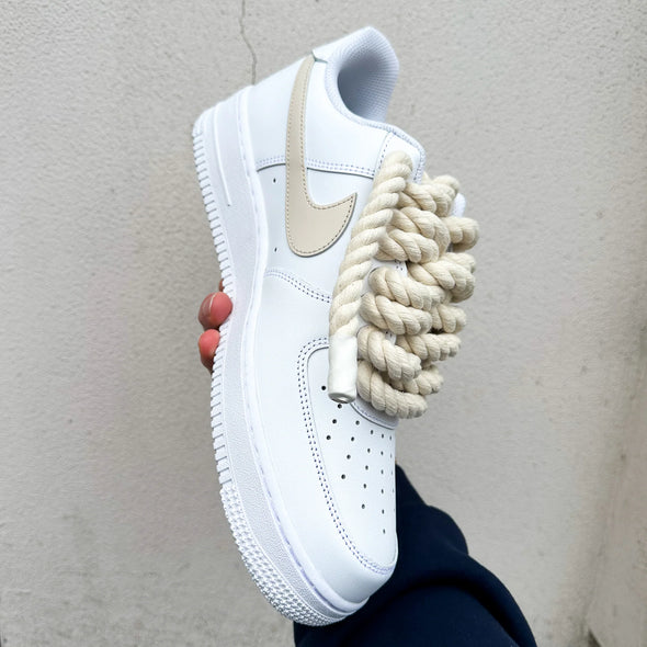 Custom AF1 White Sneakers with Beige Rope Laces – Minimal Drip Style