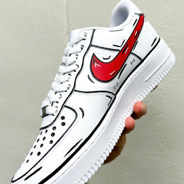  sneakers with red swoosh and cartoon-style black
